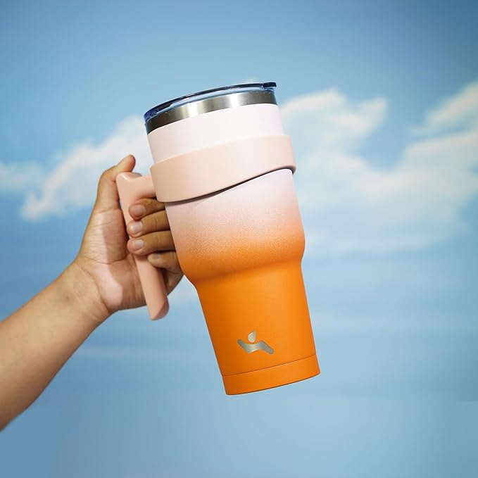 40 oz Tumbler with Handle and 2 Straw 2 Lid, Insulated Water Bottle Stainless Steel Vacuum Cup Reusable Travel Mug,Coral