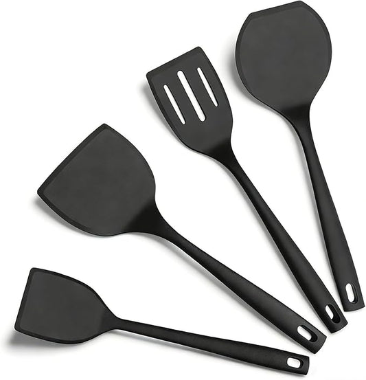 Silicone Spatula Turner Set, 600°F High Heat Resistant Spatulas for Cooking, BPA Free, Large Flexible Kitchen Utensils Flipping Eggs, Pancakes, Fish, Burgers, Dishwasher Safe (4 Pack, Black)