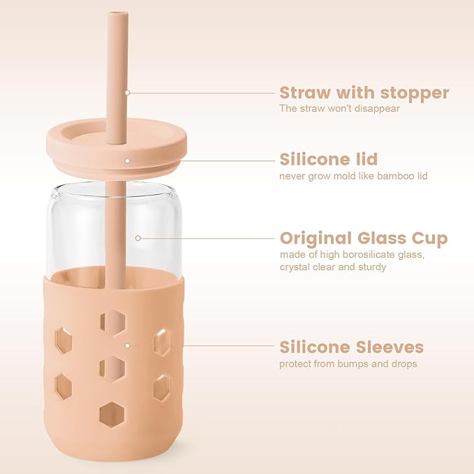 Glass Cups with Lids and Straws (4 Pack), 16oz Drinking Glasses Set with Silicone Sleeves for Coffee Bar Accessories Iced Coffee Cups with Lids, Glass Tumbler Reusable for Gifts