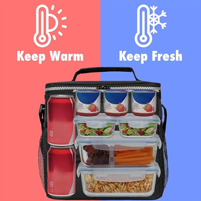 opux Insulated Lunch Bag for Men Women, Leakproof Black Lunch Box for Work, Portable Soft Lunch Cooler Bag with Shoulder Strap, Adult Lunchbox Lunch Pail for Kid Boy Girl School, 18 Can/10L