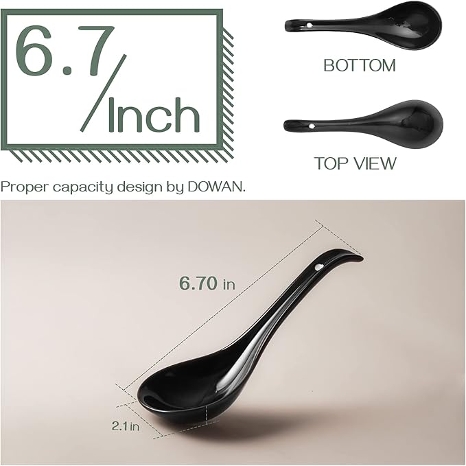 DOWAN Soup Spoons, Ceramic Chinese, Asian Soup Spoons, White Japanese Spoon Large for Ramen Pho Wonton Dumpling Miso, Deep Oval Hook Design, Set of 6 (6, Black)