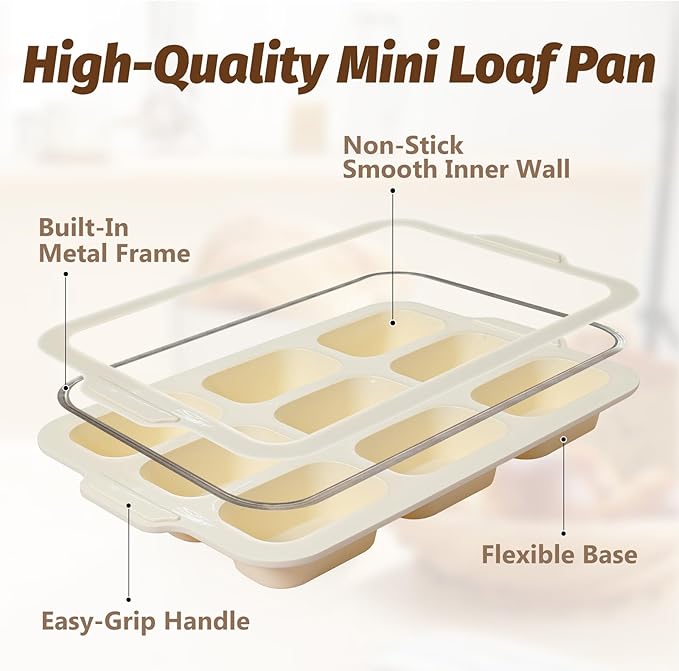 Silicone Bread Loaf Pan Set: 9.5 x 5 Inch Loaf Mold with Metal Frame and Nonstick Mini Bread Pan for Homemade - for Baking Banana Rye Cornbread Meatloaf Oven - Brownie Tray for Home Baker (Beige)