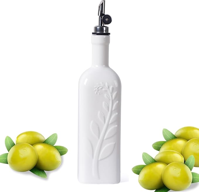 20 Oz Olive Oil Dispenser Bottle with Spout, Ceramic Large Oil Dispenser for Kitchen, Relief Opaque Oil Cruet Vinegar Container Suitable for Storage Oil, Vinegar, Soy Sauce for Housewarming Gifts