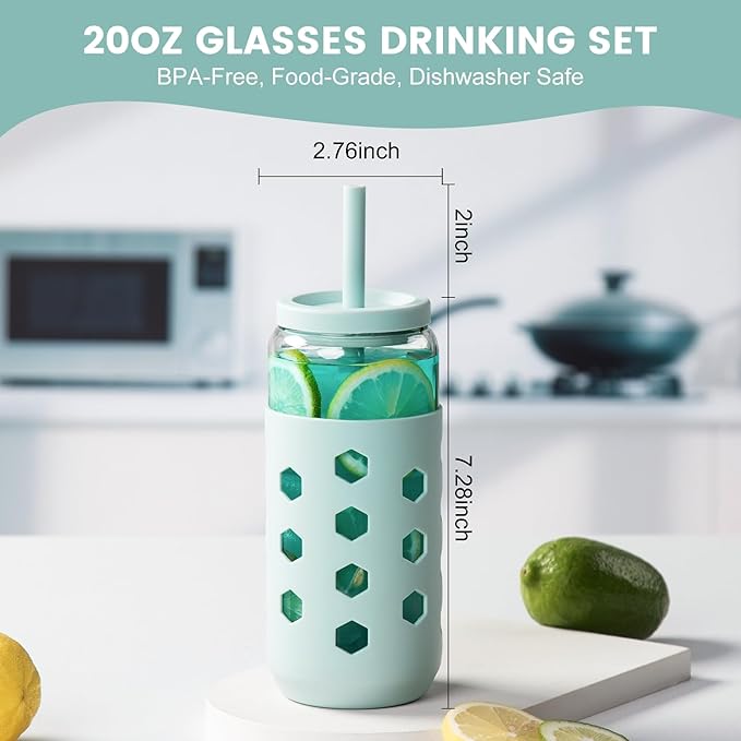 Glass Cups with Lids and Straws (4 Pcs), 20oz Drinking Glasses Set with Silicone Sleeves for Coffee Bar Accessories Iced Coffee Cups with Lids, Glass Tumbler Reusable for Gifts