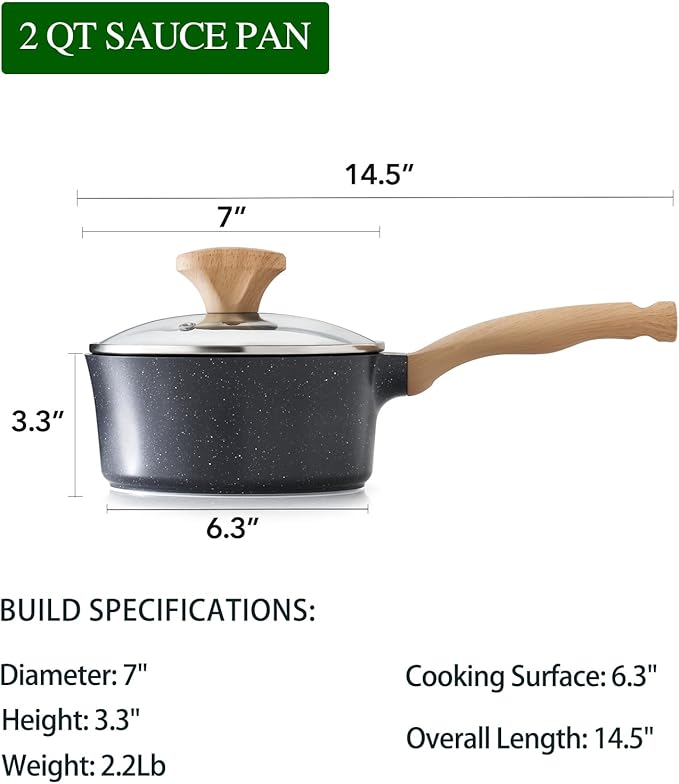 Nonstick Saucepan with Lid, 2 Quart German Greblon Ceramic Sauce Pan, Non Toxic Sauce Pot with Cover for Multipurpose Use, PTFE, PFOA & PFAS Free, Induction Compatible.