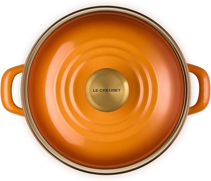 Le Creuset Enamel on Steel Traditional Petite Stockpot, 3.8 qt., Persimmon with Gold Accents