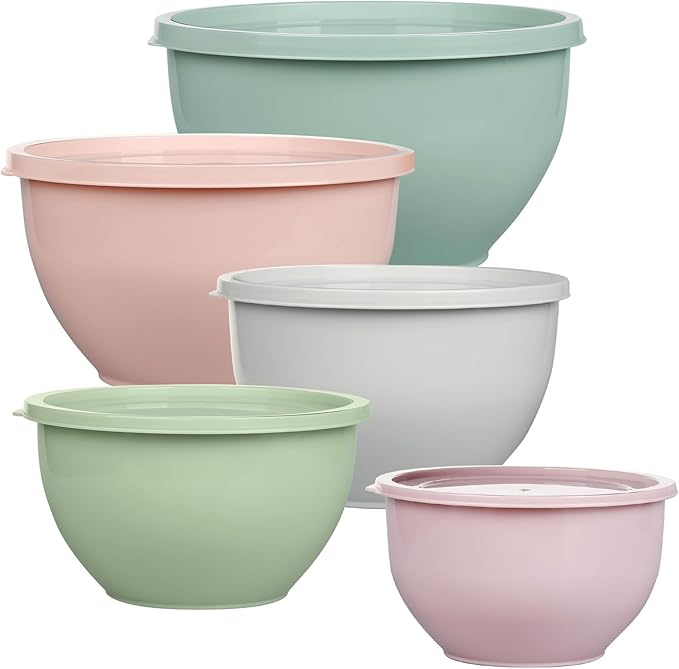 Plastic Mixing Bowls with Lids Set for Kitchen, Nesting Bowls for Mixing, Baking, Prepping, Cooking and Serving Food, Mixing Bowls Dishwasher, Microwave Safe(Pink)