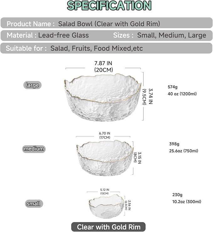 Glass Salad Bowl Irregular Lotus Flower Shape Serving Bowls, Mixing Nut Bowls for Kitchen Fruist, Snack, Dessert, and Ice Cream Candy Dishes (Crystal Clear with Gold Rim, Medium)