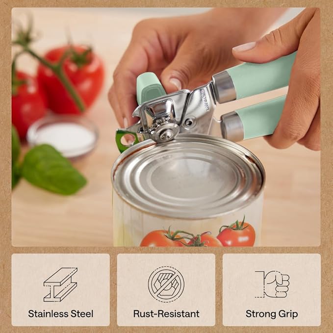 GORILLA GRIP Heavy Duty Stainless Steel Smooth Edge Manual Can Opener and Bottle Openers, Soft Comfortable Handle, Oversized Handheld Turn Knob, US Designed Multifunctional Kitchen Tool, Mint