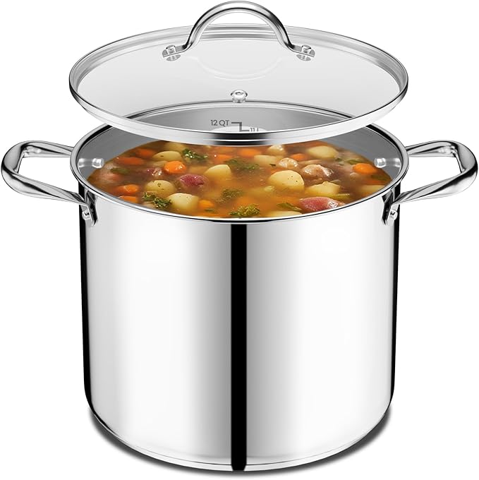 Stainless Steel Stockpot with Tempered Glass Lid 5 Quart, Durable 18/0 Stainless Steel, Impact-Bonded Base for Even Heating, Riveted Handles, Oven & All Stove Compatible, Safe Up To 500°F (260°C)