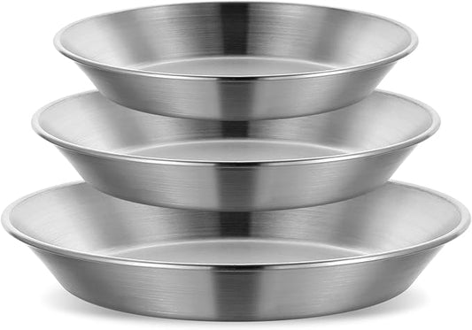 Tobeelec 3 Pcs Stainless Steel Pie Pan Set, Pizza Pan Deep Pie Dish Pie Plate Baking Tray Dishes for Pizza Baking Serving Oven Grill, 3 Sizes