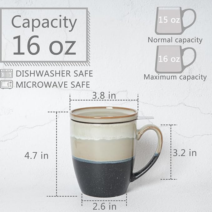 Bosmarlin Ceramic Tea Cup with Infuser and Lid, 16 Oz, 4 Colors to Choose, Dishwasher and Microwave Safe, Steeping Tea Mug with Strainer, Reactive Glaze, (Grey)