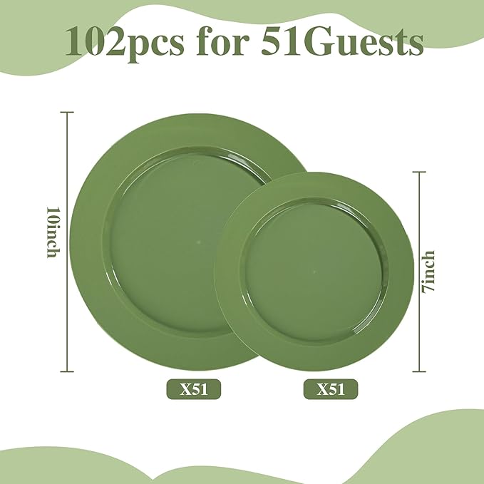 I00000 102 Pcs Green Plastic Plates, Green Disposable Plates Include 51 Dinner Plate 10’’ and 51 Dessert Plate 7’’ Perfect for Birthday, Party & Wedding