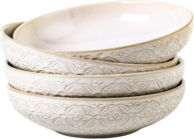 22 Oz Pasta Bowls Set of 4, Large Ceramic Serving Bowls, 8 inch Porcelain Embossed Bowl for Salad, Soup, Fruit, Rice, Desserts, Ramen, Housewarming Present, Kitchen Decor, Dishwasher Safe