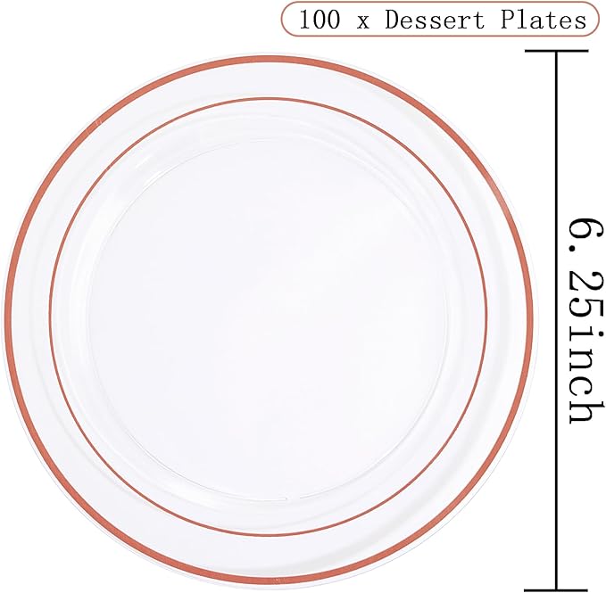 bUCLA 100PCS Clear Rose Gold Plastic Plates Disposable - Heavy Duty 6.25 Inch Clear Plastic Dessert Plates with Rose Gold Trim - Ideal for Party, Wedding & Mother's Day