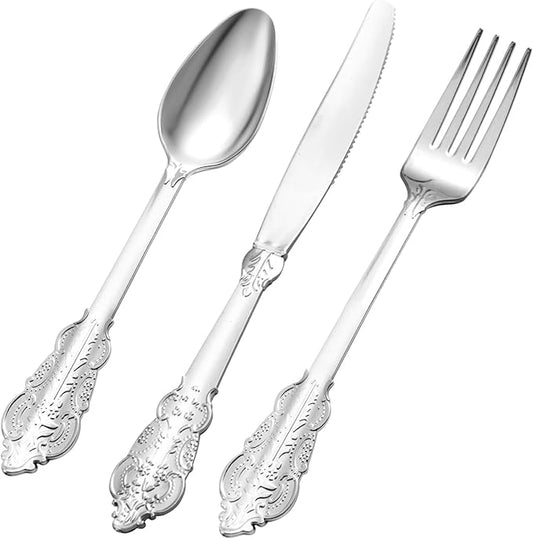 300PCS Silver Plastic Silverware for 100 Guests, Heavy Duty Silver Disposable Utensils Sets, Includes 100 Forks, 100 Spoons, 100 Knives, Elegant Cutlery Perfect for Wedding or Party