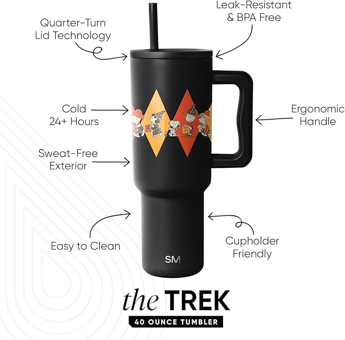 Simple Modern Halloween 40 oz Trek Tumbler with Handle and Straw Lid | Charlie Brown Snoopy Cup Holder Friendly Insulated Stainless Steel Travel Mug | Peanuts Halloween