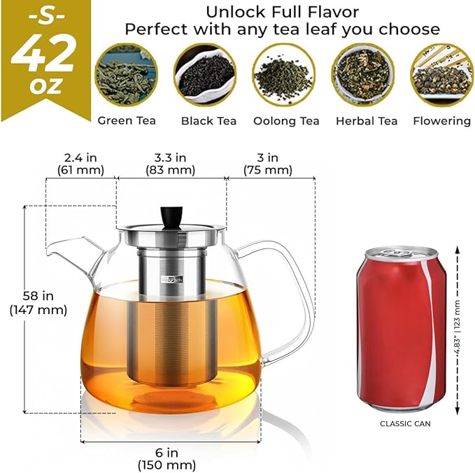 Aquach 42oz Glass Teapot with Removable Infuser - Stovetop & Dishwasher Safe Tea Kettle, Borosilicate Glass Pot for Hot & Iced Tea, Perfect for 2-4 People