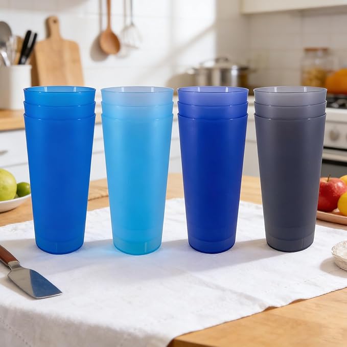 32-oz Unbreakable Drinking Cups - Reusable Large Plastic Tumblers set of 12, BPA Free Dishwasher Safe in 4 Assorted Colors for Indoor Outdoor Use