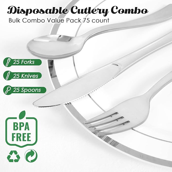 FOCUSLINE 75 Pack Silver Plastic Silverware Disposable Cutlery Set - 25 Forks Knives Spoons - Disposable Flatware Heavy Duty Plastic Utensils Set for Catering, Parties, Dinners, Weddings