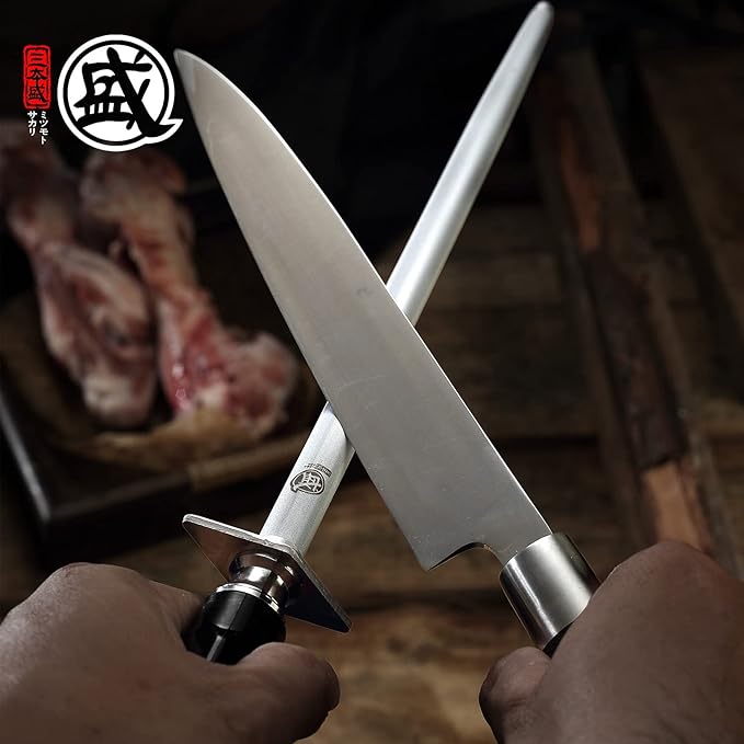 MITSUMOTO SAKARI 10 inch Japanese Honing Steel - Flat Diamond Knife Sharpening Rod, Professional High Carbon Sharpener with ABS Handle & Powerful Magnet