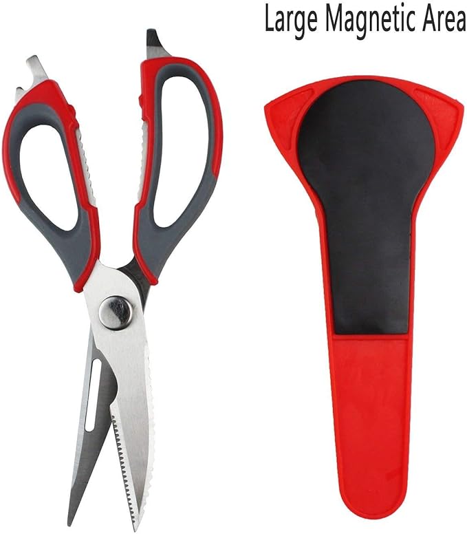 Multifunction Kitchen Food Scissors, Detachable Stainless Steel Heavy Duty Culinary Scissors, 7-in-1 Household Shears with Magnetic Holder, for Cut Poultry Meat Bone Vegetables Fruit Seafood (red)