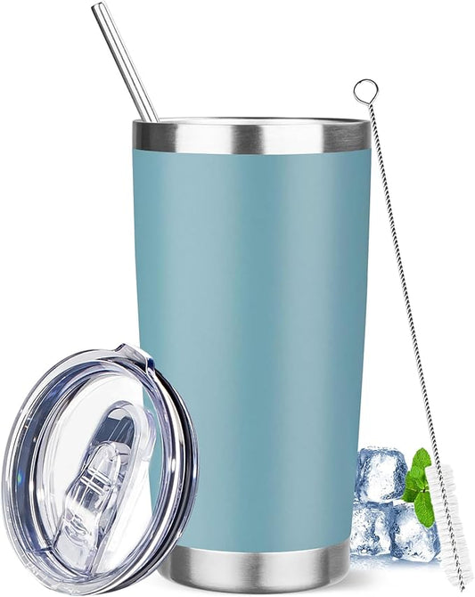 20 oz Tumbler with Lids and Straws, Stainless Steel Insulated Travel Coffee Mug, Double Wall Vacuum Insulated Tumblers, Powder Coated Coffee Tumbler for Cold & Hot Drinks (Azure Blue)
