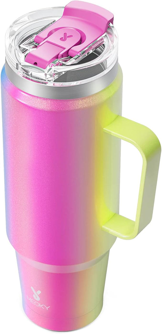 Meoky 40oz Tumbler with Handle, Stainless Steel Travel Mug with 2-in-1 Straw and Sip Lid, Vacuum Insulated Coffee Mug, 100% Leak Proof, Keeps Cold for 34 Hours or Hot for 10 Hours (Carnival)