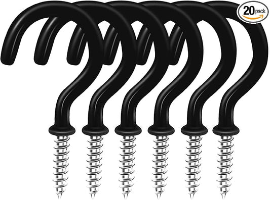 2" Black Vinyl Coated Screw-in Hooks, Ceiling Hooks Wall Hooks Hanging Hooks Kitchen Hooks Indoor Outdoor for Cups Decors Plants Utensils Lights Baskets Wreaths, 20 PCS