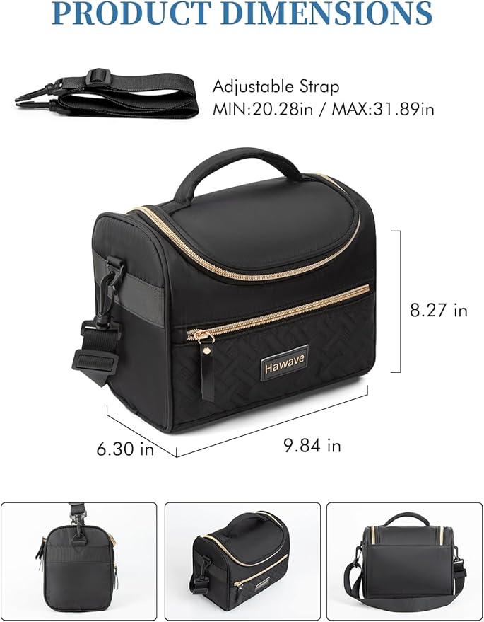 Lunch Bag for Women Men Adult Insulated Lunch Box, Leakproof Lunch Cooler Bag with Front Pocket & Adjustable Shoulder Strap, Reusable Large Lunch Tote Bag for Work Office Travel Picnic, Black