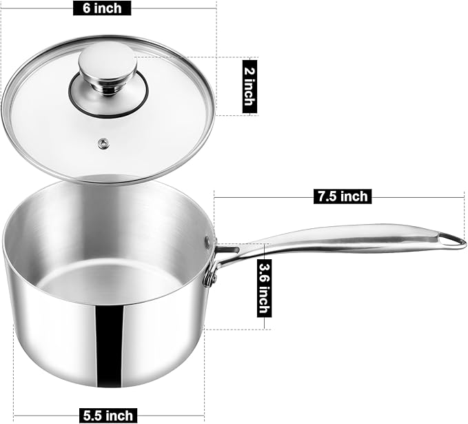 TeamFar 1qt Saucepan with Lid, Stainless Steel Tri-ply Small Cooking Pot Sauce Milk Pan with Ergonomic Handle, for Induction/Gas/Electric/Ceramic, Healthy & Heavy Duty, Dishwasher Safe