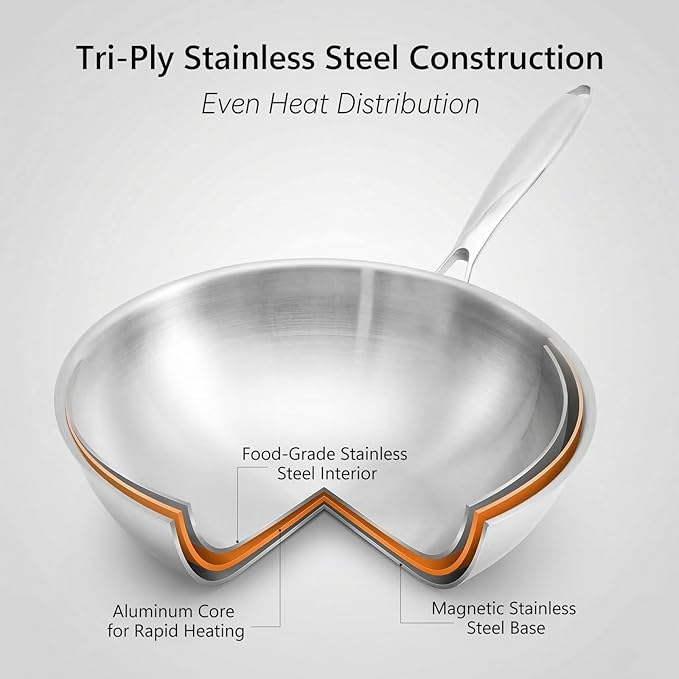 WANGYUANJI 4.2 QT Tri-Ply Stainless Steel Wok Pan with Lid, 12" Flat Bottom Stir Fry Skillet for Asian Cuisine, Premium 18/10 Induction Cookware for 3-4 Servings, Oven Safe