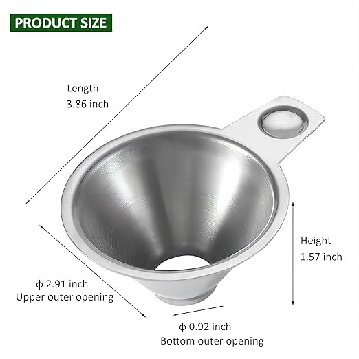 Stainless Steel Spice Funnel with Handle for Kitchen Use Filling Spice Jars, FIFO Squeeze Bottles, Spill-Free Metal Funnel for Salt Pepper Powder, Condiment, Sauce (0.92" Bottom)