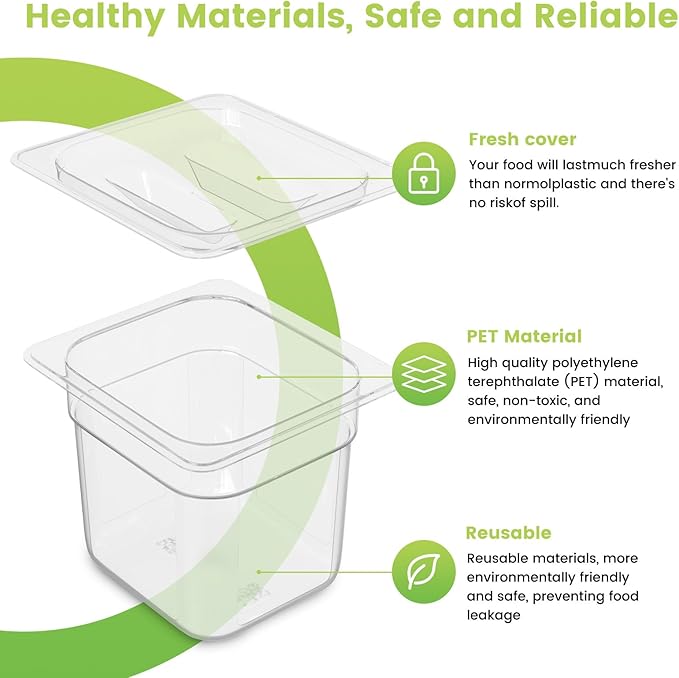 Plastic Clear Food Pan 1/6 Size Stackable Polycarbonate Pan with Capacity Indicator Restaurant Commercial Hotel Pans for Fruits Vegetables Beans Corns (6 PCS, 2.5'' Deep)