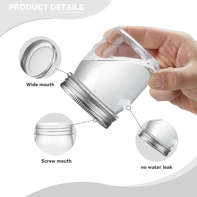 novelinks 8 oz Clear Plastic Jars with Airtight Lids, 48 Pack Plastic Mason Jars with Lids 8oz, Refillable Storage Slime Containers & Small Spice Jar for Kitchen Organization (48 Pack,Silver)