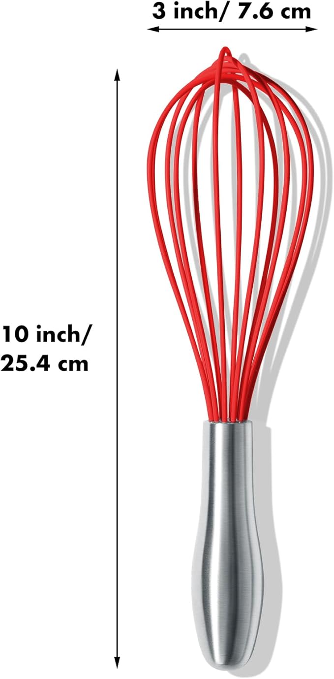 10-Inch Red Silicone Whisk, Heat Resistant 480°F Kitchen Whisk with Stainless Steel Ergonomic Handle, Non-Scratch for Nonstick Cookware, Dishwasher Safe, Perfect for Blending, Cooking & Beating