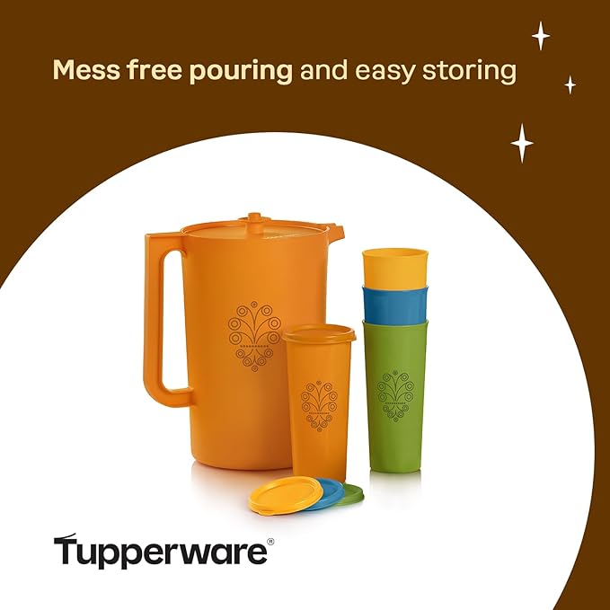 Tupperware Heritage Retro Collection, Pitcher and 4 Tumbler Set in Retro Colors, Dishwasher Safe and BPA Free