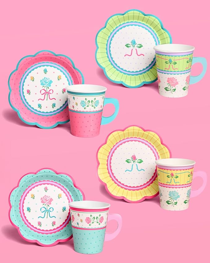 xo, Fetti Tea Party 9oz Cups and Saucers Set - 32 Piece Drinkware Set | Garden Party, Fancy Birthday, Easter, Pastel, Floral, Coquette, Vintage