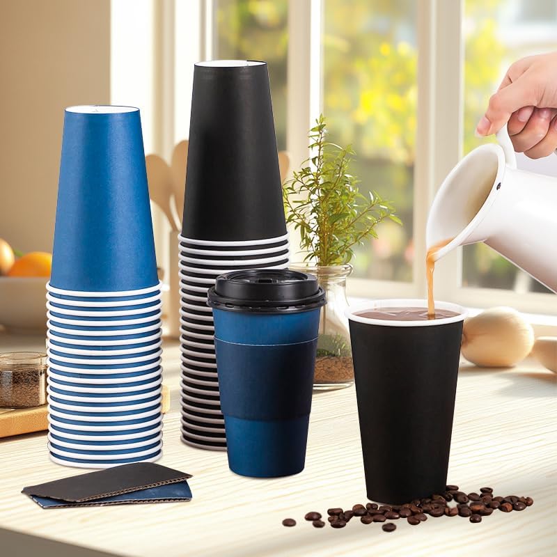 SIUQ 100 Pack 16 oz Coffee Cups with Lids, Disposable Hot Paper Coffee Cups