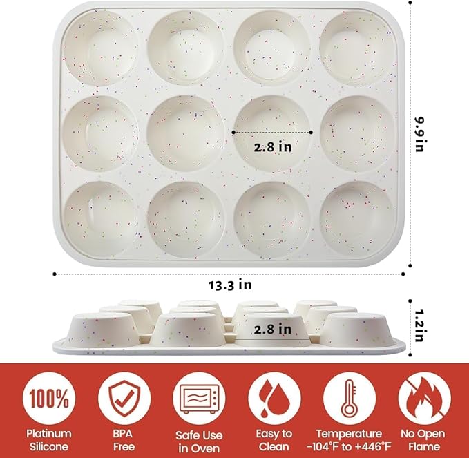 CAKETIME Silicone Muffin Pan, Metal Reinforced Frame Cupcake Pan 12 Cups Regular Size Easy to Move in or Out of Oven Non-Stick (2)