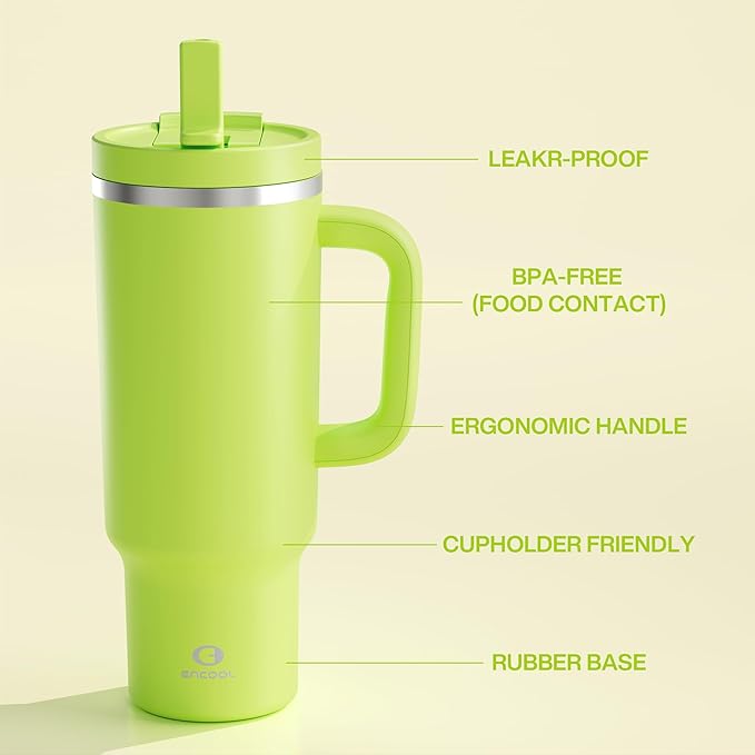 ENCOOL 40 oz Tumbler with Handle and Straw: Stainless Steel Insulated Tumbler Keeps Cold for 24 Hours, Leakproof Travel Cup Fits in Cup Holder and BPA-Free,Sharp Green