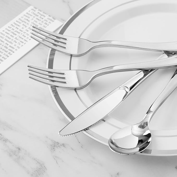 BESTVIP 60PCS Silver Plastic Silverware, Silver Disposable Utensils, Heavy Duty Cutlery Set of 30 Forks, 15 Spoons, 15 Knives for Party, Christmas, Wedding, Catering and Daily Use