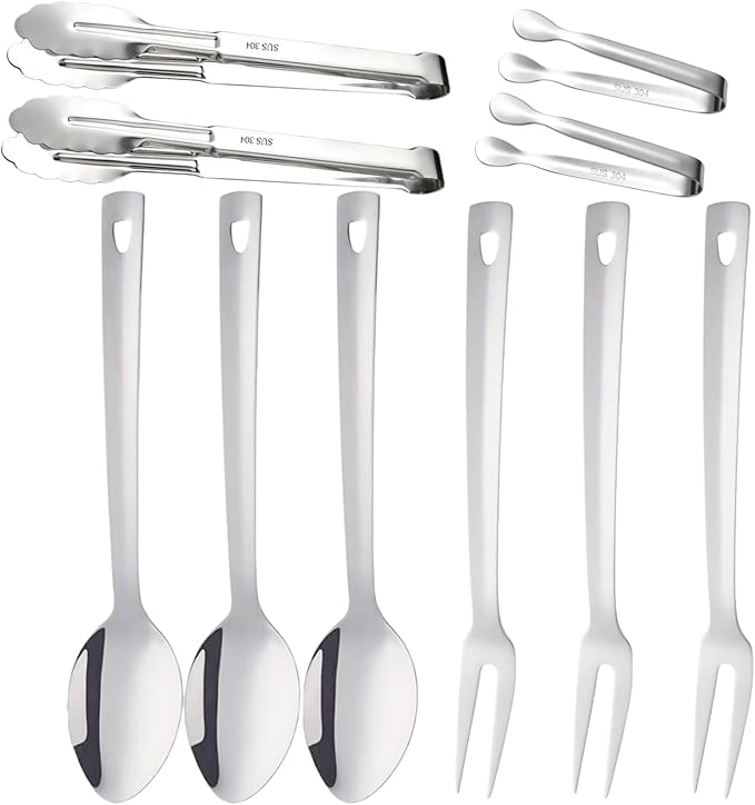 10-Piece Large Flatware Serving Utensils Sets, Stainless Steel Long Handle Serving Spoons, Heavy Duty Serving Forks, Serving Tongs, Mini Sugar Tongs for Buffet Catering Banquet Party (Silver)