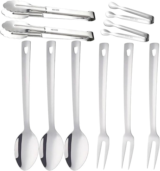 10-Piece Large Flatware Serving Utensils Sets, Stainless Steel Long Handle Serving Spoons, Heavy Duty Serving Forks, Serving Tongs, Mini Sugar Tongs for Buffet Catering Banquet Party (Silver)