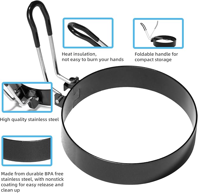 8" Omelet Ring, 6" Pancake Ring, 3.5" Egg Ring for Griddle Frying Eggs (Upgrade Large 3 Pack Stainless Steel Non Stick Round Cooking Rings Molds with Oil Brush and Egg Separator)