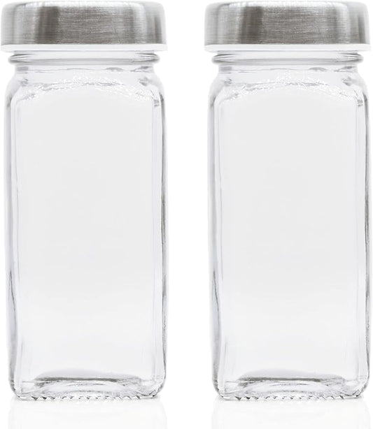 2pcs Spice Jars, 4 oz Glass Seasoning Bottles, Spices Container, Empty Spice Jars, Square Spice Bottles with Airtight Stainless Steel Caps with Shaker Lid
