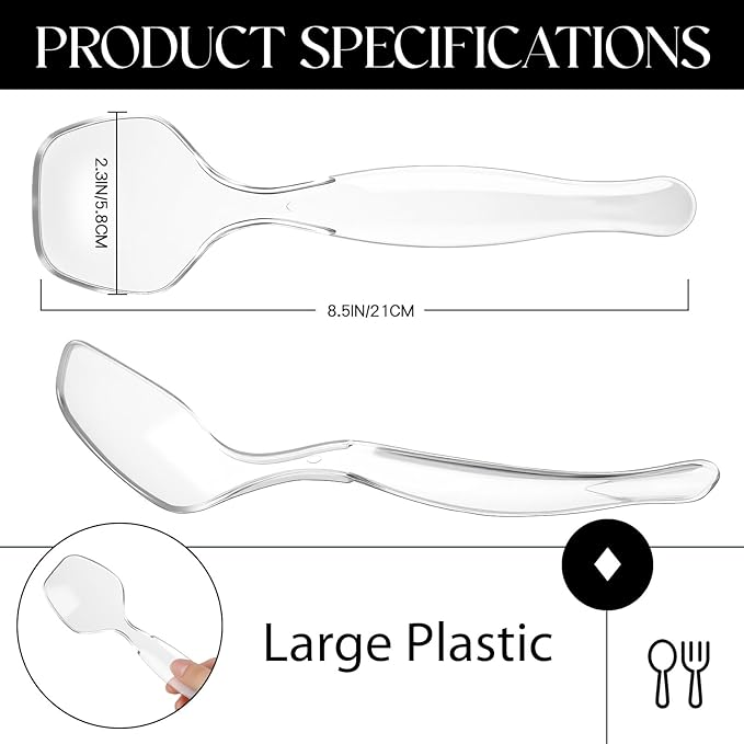 LemonRoad 100 Pack Plastic Serving Spoons for Buffet, Clear Plastic Serving Utensils for Hot and Cold Food, Large Heavy Duty Disposable Utensils for Parties, Holidays and Gatherings