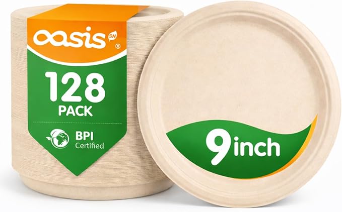 9 Inch 128 Pack Compostable Disposable Paper Plates, Dinner Plates, Heavy Duty Sugarcane Bagasse, Biodegradable Eco-Friendly, Soak Proof & Cut Resistant, Unbleached Natural