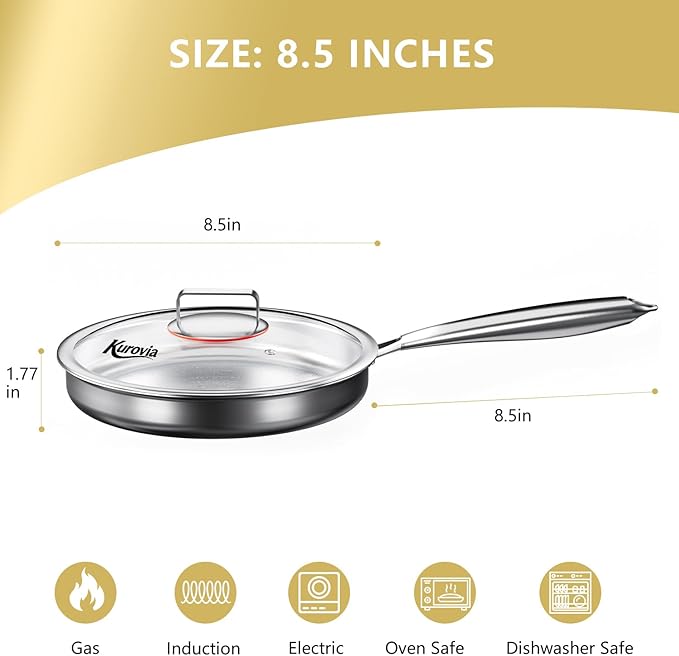 Tri-Ply Stainless Steel Frying Pan, Compatible with All Cooktops Up to 600℉, Large Frying Pan with lids, Induction-Ready Skillet, Dishwasher and Oven Safe, Even Heat (8.5 Inch)