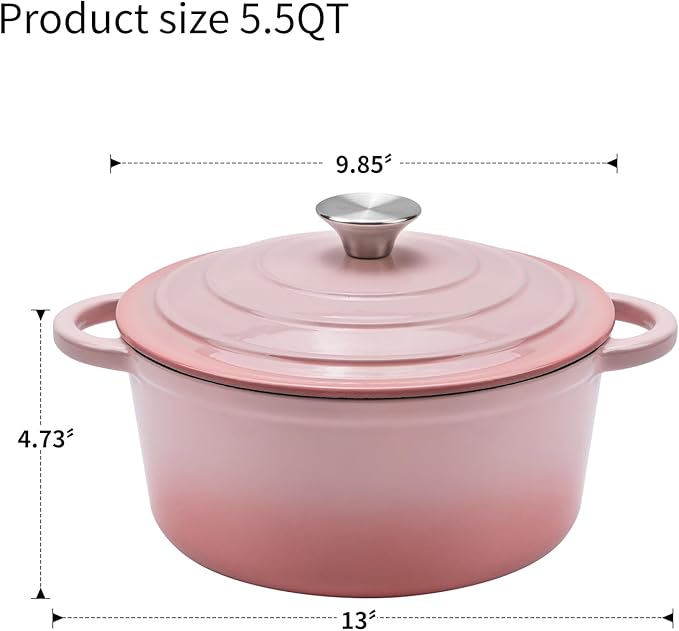 5.5QT Enameled Cast Iron Dutch Oven Pot with Lid,Heavy-Duty Cookware for Sourdough Bread Baking,Braising,Stews,Roasting,Oven Safe up to 500°F,pink